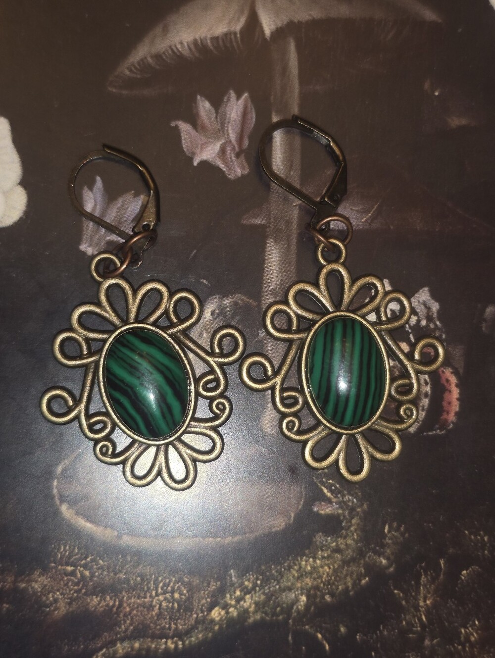 Green Malachite Gemstone Inside Two Bronze Tone Bezels Pair Of Earrings